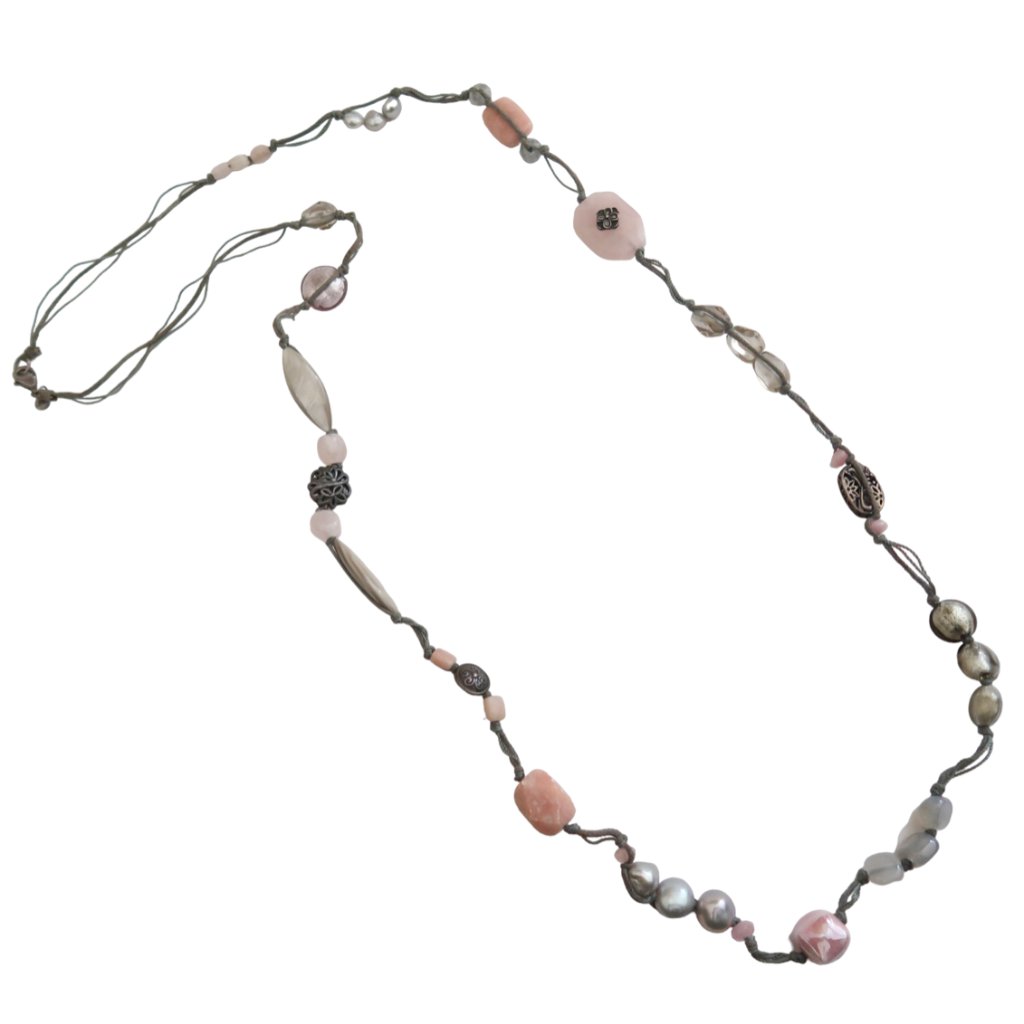 Silpada 925 Sterling Soapstone Quartz Pearl Long Necklace N2191 Pink & Gray